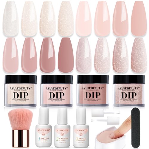 AZUREBEAUTY Dip Powder Nail Kit Starter, All Season Nude Skin Glitter 4 Colors Dipping Powder Liq...