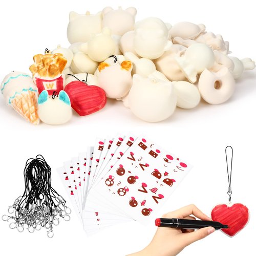 Tarpop 50 Pcs Stress Toys to Paint DIY Kawaii Cream Scented Lovely Toy Making Painting Kit Bulk Valentine's Day Gift Mini Soft Toys with 50 Keychains Phone Straps Christmas Party Favor
