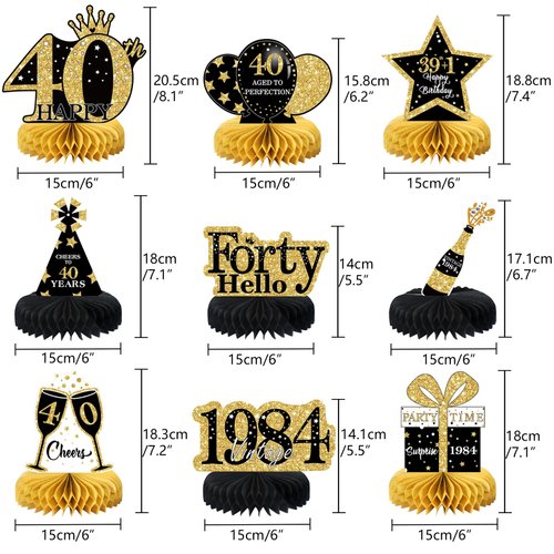 9 Pcs 40th Birthday Decorations Honeycomb Centerpieces for Women Men, Black Gold 1984 Aged to Perfection Vintage Centerpieces for Tables Toppers,Forty Years Birthday Party Decorations Supplies