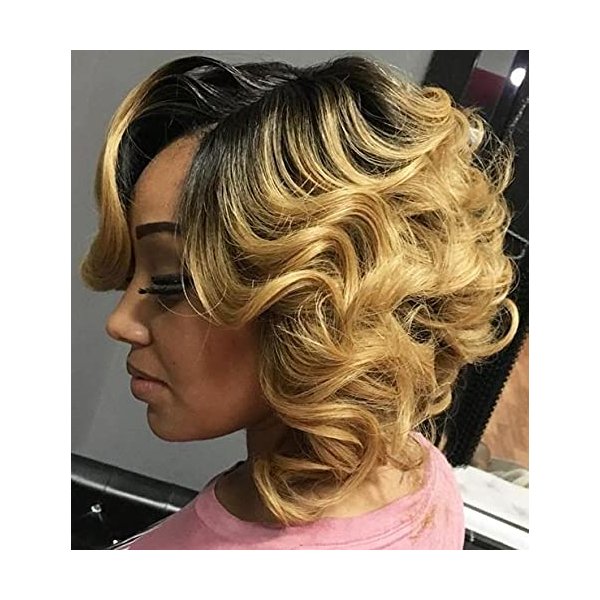 Naseily Hair Short Ombre Bob Wig Short Synthetic Bob Wigs for Black/White Women Synthetic Hair Bob Wig Short Bob Wig Curly Hair (NAS2154)