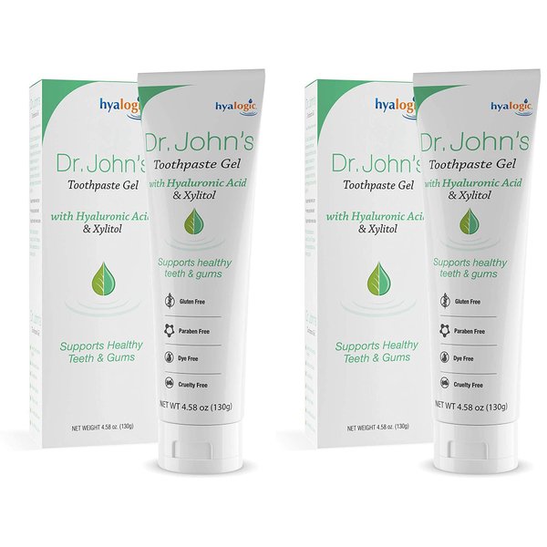Hyalogic Dr. John’s Natural Toothpaste Gel (Pack of 2) w/Hyaluronic Acid HA and Xylitol – Support Healthy Teeth & Gums - Gentle Whitening Fresh Mint Vegan Friendly (4.58 oz / 130g)