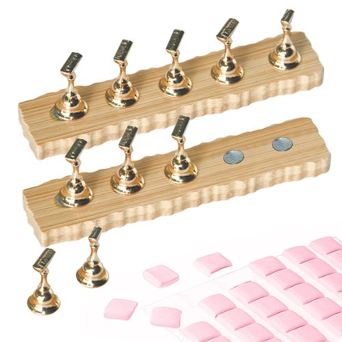 BPrettier Nail Holder for Painting Nails 2 Set Super Magnetic Nail Stand for Press on, Press on Nail Stand with 96 Pcs Reusable Sticky Putty for Nail Art Display Home & Salon Use.(Wood & Gold)