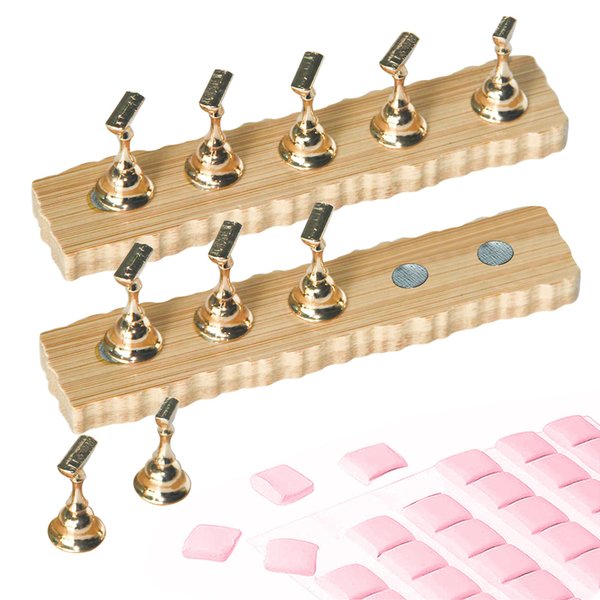 BPrettier Nail Holder for Painting Nails 2 Set Super Magnetic Nail Stand for Press on, Press on Nail Stand with 96 Pcs Reusable Sticky Putty for Nail Art Display Home & Salon Use.(Wood & Gold)