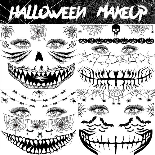 4 Sheets Scary Halloween Face Temporary Tattoos, 3D Halloween Face Tattoo Spider Temporary Face Tattoo Kit For Kids Girls Boys Adults, Dia de los muertos Day of the Dead Makeup Face Tattoos