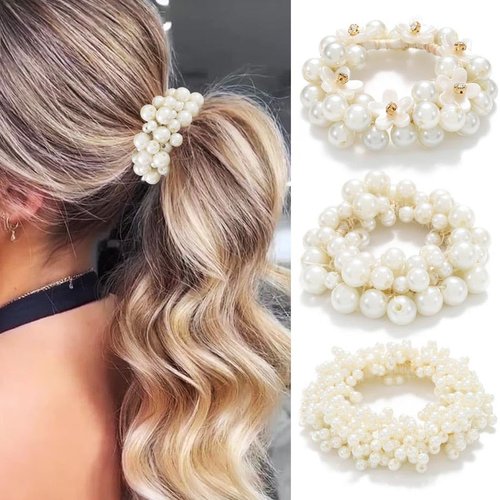 CAKURE Pearl Ponytail Holder Beige Elastic Hair Bands Tie Ponytail Holders Cute Beaded Hair Ties No Damage Hair Scrunchies Hair Accessories for Women and Girls (Pack of 3)