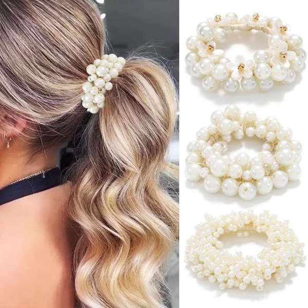 CAKURE Pearl Ponytail Holder Beige Elastic Hair Bands Tie Ponytail Holders Cute Beaded Hair Ties No Damage Hair Scrunchies Hair Accessories for Women and Girls (Pack of 3)