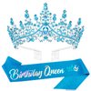 Velscrun Blue Crystal Birthday Queen Tiara Crown for Women Girls Birthday Queen Headband Sash Elegant Princess Crown with Combs Hair Accessories Happy Birthday Party Decorations Mom Birthday Gift