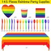 durony 145 Pieces Rainbow Party Supplies Gay Pride Tableware Set Include Pride Rainbow Plates Paper Cups Napkins Cutlery Rainbow Tablecloth for Rainbow Gay Pride Party Decorations, Serve 24 Guests