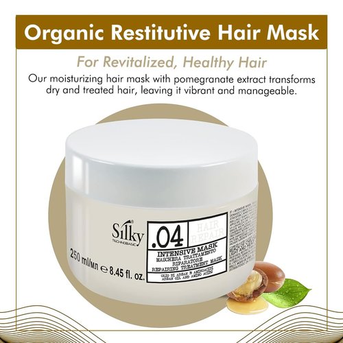 Silky.04 Organic Restitutive Hair Mask - Moisturizing Hair Mask with Pomegranate Extract – Hair Color Mask Restoring Dry & Treated Hair - 250 ml
