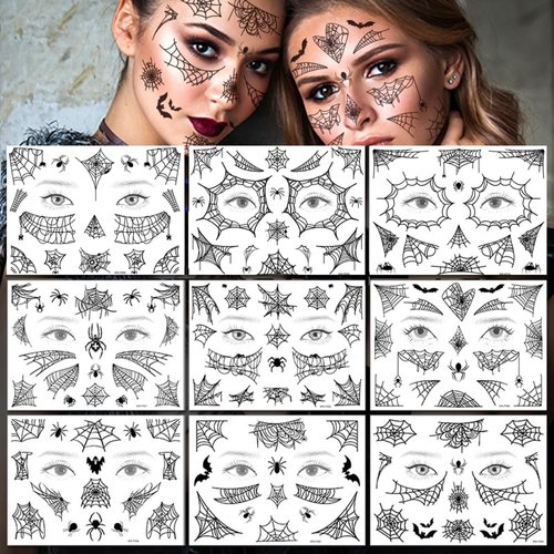 Spider Face Tattoos, 6-Sheet Face Spider Web Mask Prank Temporary Tattoo Stickers and 3-Sheet Fake Face Spiders Realistic Tattoos for Women Girls Kids Holloween Face Makeup