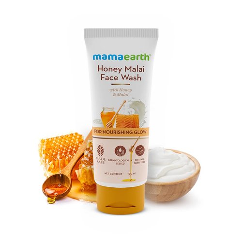 MAMAEARTH Honey Malai Face Wash | Gently Cleanses Dirt, Oil & Sebum | Softens Skin | Gives a Nourishing Glow | Unisex Formula | Ideal for Dry Skin | 3.38 Fl Oz/100ml
