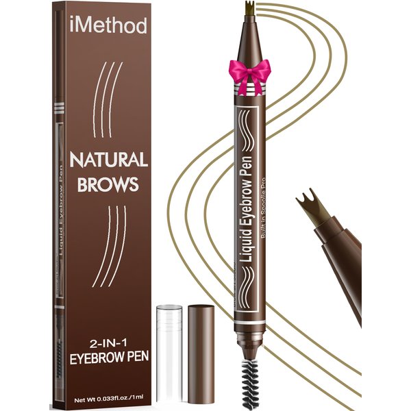 iMethod Microblading Eyebrow Pen - Eyebrow Pencil 2-in-1 Dual-Ended Eye Brow Pencils for Women with 3-Fork-Tip and Spoolie Brush Create Natural Hair-Like Defined Brows, Last All-Day, Light Brown
