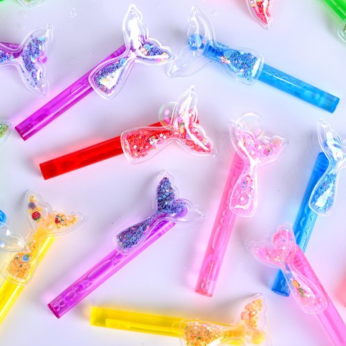 24PCS Glitter Mermaid Tail Bubble Wands for Kids Mermaid Party Favors Decorations Supplies, Mermaid Party Pinata Stuffer, Goodie Bags Filler, School Classroom Prizes