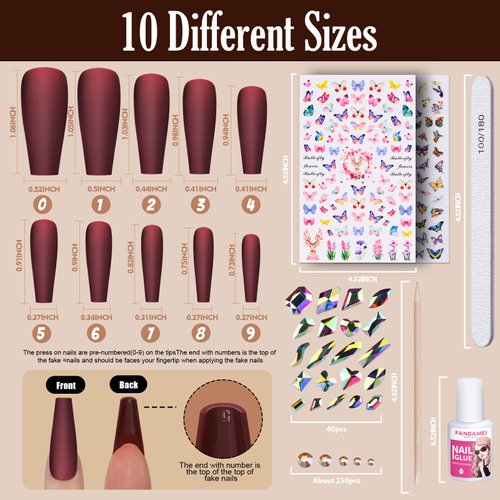 FANDAMEI Press on Nails Long Matte, 13 Packs 312 PCS Press on Nails Long Coffin, Full Cover Long Ballerina Fake Nails, Acrylic False Nail Tips with Nail Glue, Nail Rhinestones, Nail Art Stickers