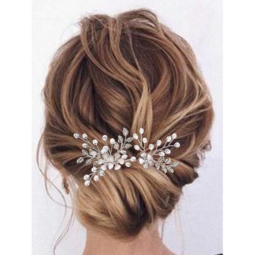 Heread Flower Bride Wedding Hair Pins Silver Leaf Bridal Hair Pieces Rhinestones Hair Accessories for Women and Girls (Pack of 2)
