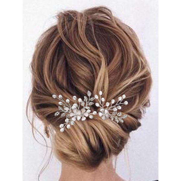 Heread Flower Bride Wedding Hair Pins Silver Leaf Bridal Hair Pieces Rhinestones Hair Accessories for Women and Girls (Pack of 2)