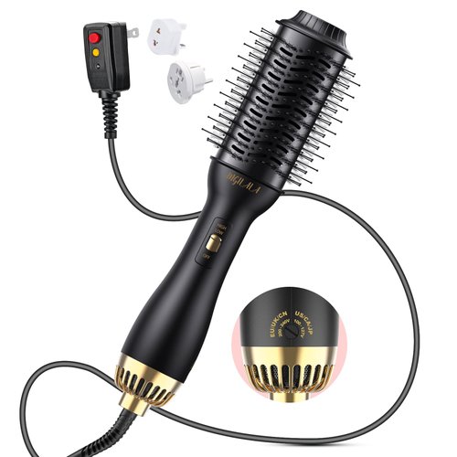 110~250V Dual Voltage Hair Dryer Brush for International Travel, EU/UK Plug Adapter Included, Europe Travel Essentials for Women