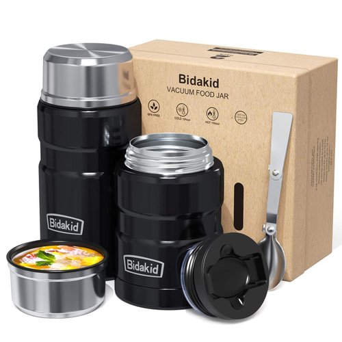 Containers for Hot Food, 2 Pack insulated food jar for hot, soup vessels, Lunch box containers for hot cold food with carry bag and Folding Spoon