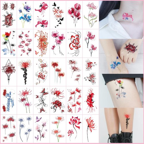 Oottati Waterproof Temporary Tattoo Stickers 30 Sheets Red Blue Equinox Flower