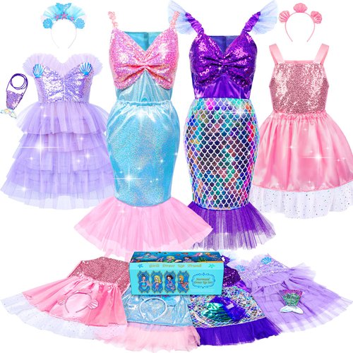 Jeowoqao Mermaid Princess Dress Up Costume, Girls Dress Up Pretend Play Clothes Gift 13Pcs Princess Costume for Little Girls Age 3-6 Years