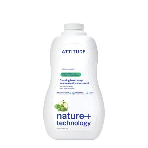 ATTITUDE Foaming Hand Soap, Plant and Mineral-Based Ingredients, Vegan and Cruelty-free Personal Care Products, Green Apple & Basil, Bulk Refill, 35.2 Fl Oz