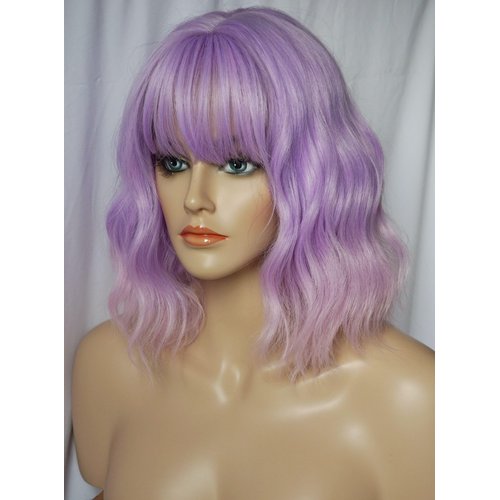 Short WavyPurple wig Amity costume wig the owl house synthetic hair wig with bangs14 inches wig for Women and Girl (Purple ombre pink)