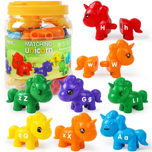 ABC Letters Matching Unicorn Toy Double-Sided Uppercase & Lowercase Alphabet Learning Toys Montessori Sorting Game Preschool Educational Game Set Fine Motor Skill Gifts For Toddlers 3 4 5 Years Old