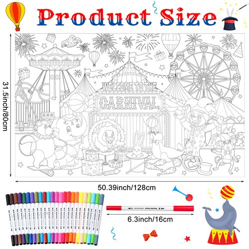 Faccito Carnival Coloring Poster with 24 Watercolor Markers 50.4 x 31.5 Inch Giant Coloring Poster Jumbo Circus Craft Coloring Banner Table Cover for Carnival Clown Birthday Activity Party Supplies