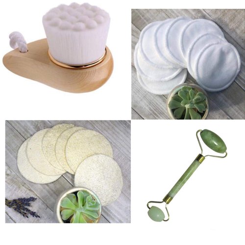 BeNat. Eco-Friendly, Reusable Facial Skin Care Accessories Bundle. Multi-Pack. (8) Reusable Facial Pads + (8) Natural Loofah + (1) Facial Cleaning Brush Bamboo Handle + (1) Jade Facial Massage Roller