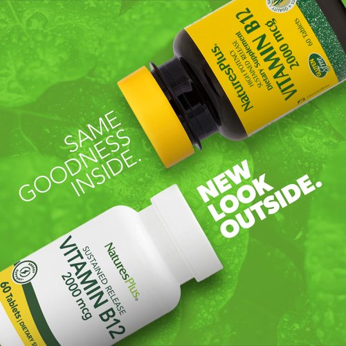 NaturesPlus Vitamin B12 (Methylcobalamin), Sustained Release - 2000 mcg, 60 Vegetarian Tablets - High Potency Red Blood Cell Support - Natural Energy Booster - Gluten-Free - 60 Servings