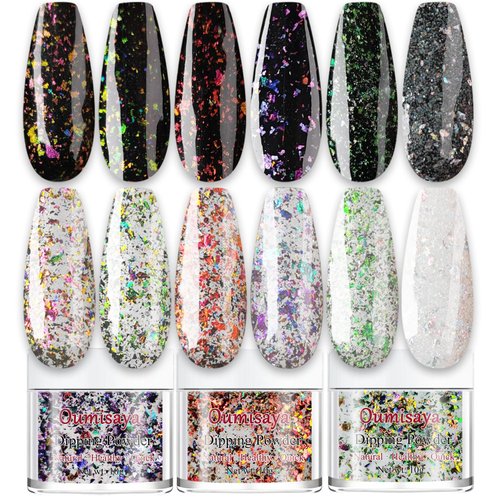 Sparkle Holographic Chameleon Glitter Dip Powder Nail Kit 6 Colors Set with opal foils, easy to use for dip nail starters, perfect for white and black nail art (Dip Liquid Set Not Included)