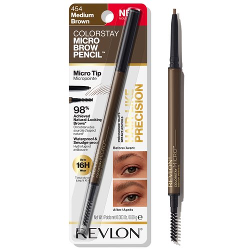 Revlon ColorStay Micro Eyebrow Pencil, Makeup Stocking Stuffers for Women, Built-In Spoolie Brush, Waterproof, Smudgeproof, 454 Medium Brown (Pack of 1)