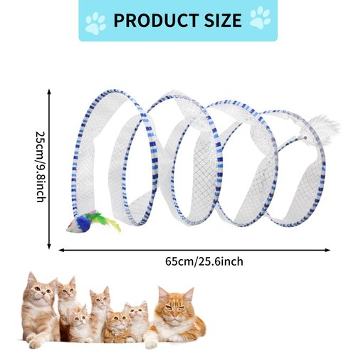 Andiker Cat Tunnel Toy, 10 inch Collapsible Metal Cat Spring Toy with Nylon Mesh, Feather, Mouse, and Bell, Interactive Cat Toys for Indoor Cats to Scratch, Puzzle, Relax and Kill Time (Blue)
