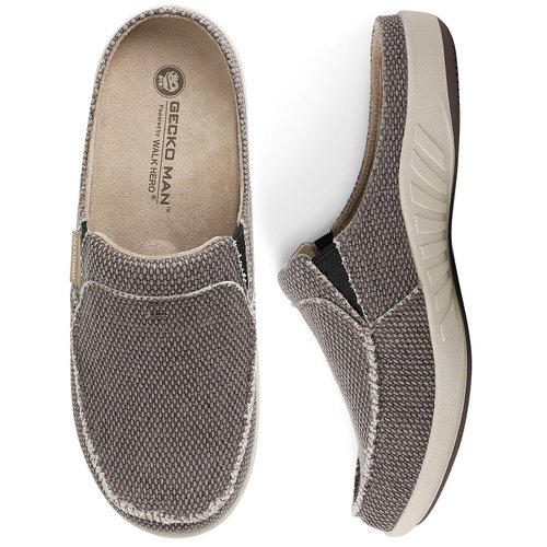 Mens House Slippers with Arch Support, Canvas House Slipper for Men with Suede Insole and Velvet Lining, Slip on Clog House Shoes with Indoor Outdoor Anti-Skid Rubber Sole, Brown