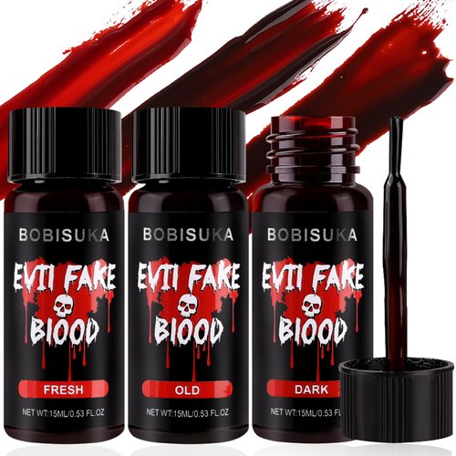 BOBISUKA 3PCS Halloween Fake Blood, Dark Fake Blood 0.53oz + Fresh Fake Blood 0.53oz + Old Fake Blood 0.53oz, Realistic Washable Liquid Dripping Fake Blood Makeup Kit for Halloween, SFX Makeup, Cosplay Party, Stage, Horror Film