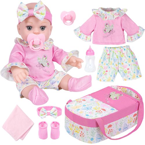 ZNTWEI 12 Inch Baby Doll Bassinet Bed Set with Washable Clothes and Accessories Includes Bassinet Bed, Bottles, Nipple, Blankets, First Baby Dolls for Toddlers 36 Months and Up
