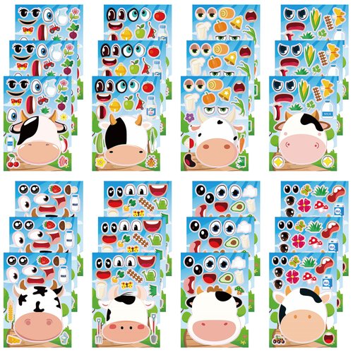Dorgua Make Your Own Cow Stickers, Make-a-Face Cow Stickers, Cow DIY Craft Stickers, Make Your Own Stickers for Kids Birthday Gifts Party Favors, 8 Designs 24 Sheets