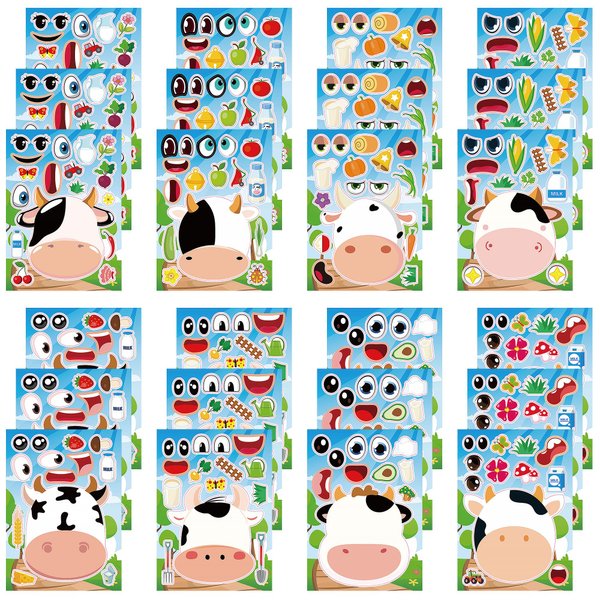 Dorgua Make Your Own Cow Stickers, Make-a-Face Cow Stickers, Cow DIY Craft Stickers, Make Your Own Stickers for Kids Birthday Gifts Party Favors, 8 Designs 24 Sheets