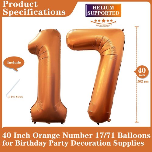 Orange 17 Number Balloons, 40 Inch Giant Number Balloons Foil Mylar Helium Orange Number 17 Balloons for 17th Birthday Party Supplies Anniversary Event Celebration Decorations