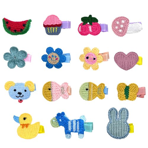 RIMOBUL 15 Pieces Girl Hair Clips Cute Barrettes Crocheted Hair Accessories Flower Fruit Animal Pattern Hair Clip Ice Cream Hair Clip for Girl,Heart Hairpins,Assorted Styles