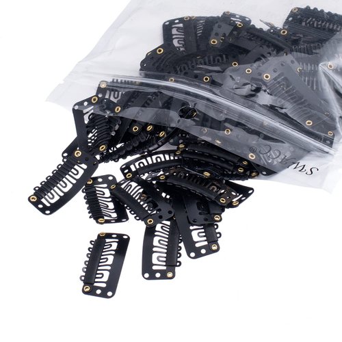 SWACC 100 Pcs U Shape Metailic Snap Clips ins for Hair Extension Hairpiece DIY Snap-Comb Wig Clips with Rubber (Black, General U Shape 6 Holes)
