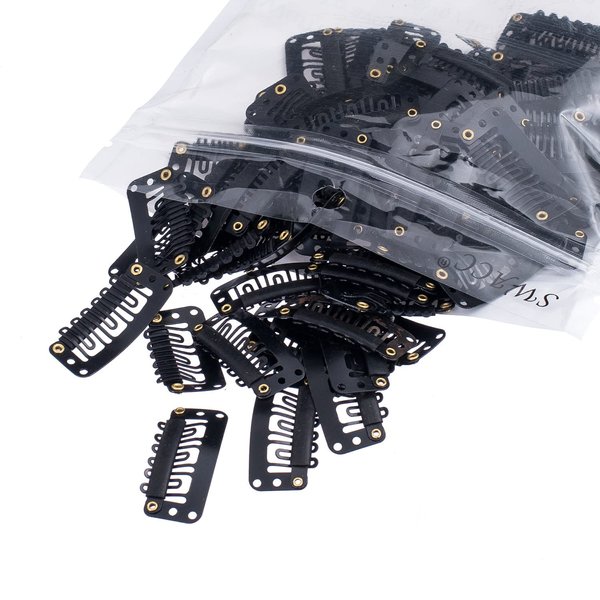 SWACC 100 Pcs U Shape Metailic Snap Clips ins for Hair Extension Hairpiece DIY Snap-Comb Wig Clips with Rubber (Black, General U Shape 6 Holes)