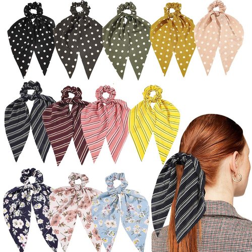 DINPREY 12Pcs Bandana Hair Scarf Scrunchies Chiffon Bowknot Scarf Hair Ties 3Pcs Floral Scrunchies Ponytail Holder with 4Pcs Stripes, 5Pcs Dots Pattern Ribbon Hair Scrunchy (Stripes, Dots, Floral A)