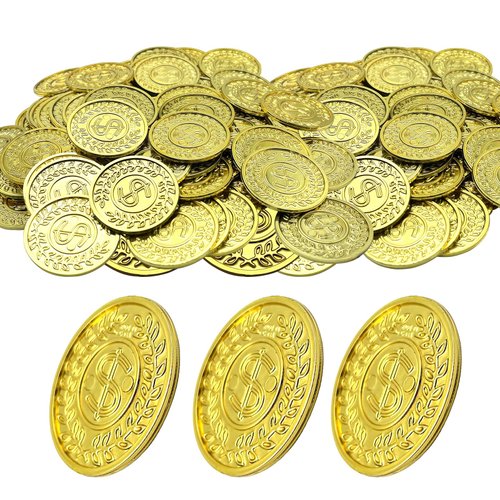 TESEGOO 100 PCS Plastic Pirate Gold Coins - Fake St. Patrick's Coin Toys for Party Supplies for Pirate Parties, Treasure Hunts, Classroom Rewards, Kids' Prizes & Party Favors