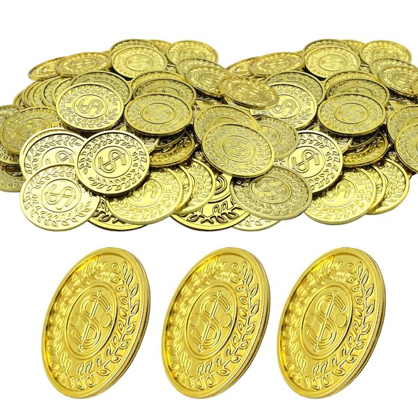 TESEGOO 100 PCS Plastic Pirate Gold Coins - Fake St. Patrick's Coin Toys for Party Supplies for Pirate Parties, Treasure Hunts, Classroom Rewards, Kids' Prizes & Party Favors