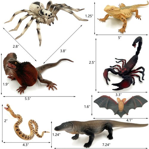 Gemini&Genius 7Pcs Reptile Animal Toys for Kids, Amphibians Desert Animal Toys with Komodo Dragon Lizard Snake Spider Chameleon, Cold Blooded Animal Figures Toy Set, Play and Display Gifts for Kids