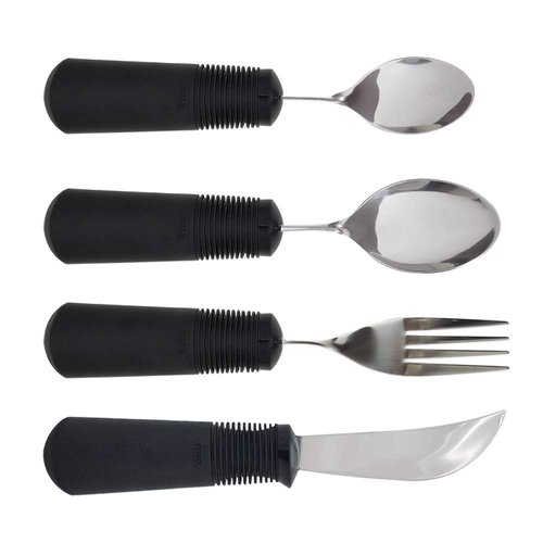 Adaptive Utensils. Norco Big Grips 4-Piece Weighted Utensil Set - 6 oz. Rocker Knife, Bendable Fork and (2) Spoons. Built Up Handle. Helps Parkinson’s, Spasticity, Arthritis and Limited Hand Control.