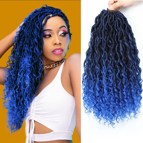 Blue Boho Goddess Locs Crochet Hair 22inch 5 Packs River Faux Locs Crochet Hair Curly Faux Locs Wavy Crochet Hair Boho Style Synthetic Hair Extensions (22" 5Packs 1B/Blue#)
