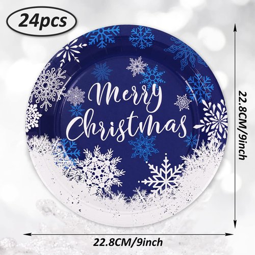 Whaline Christmas Paper Plates White Blue Snowflake Round Disposable Plates 9 Inch Merry Christmas Decorative Tableware for Christmas Winter Holiday Dinner Birthday Party Supplies, 24Pcs