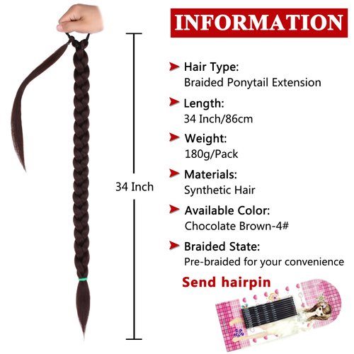 Xtrend Long Braided Ponytail Extensions Pre-braided Straight Wrap Around Hair Extensions 34 Inch Ponytail Natural Soft Synthetic Hair Pieces for Women Daily Wear (Chocolate Brown 4#)